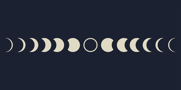Fases de la luna sobre fondo nocturno. Lunas nuevas, medias y llenas.