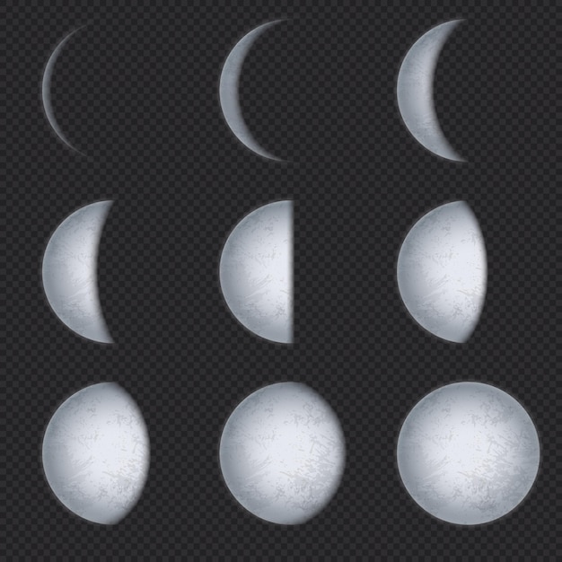 Fases lunares realistas. fase lunar, luna llena y nueva media luna con cielo nocturno. superficie de satélite terrestre con textura conjunto de vectores astronómicos. astronomía fase lunar creciente y eclipse ilustración