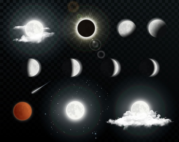 Fases lunares realistas con nubes sobre fondo transparente. Eclipse solar. Eclipse lunar. Ilustración