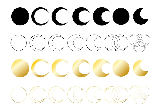 Las fases místicas de la luna, la línea y la silueta, el vector aislado del paquete de clip arts.