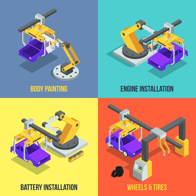 Fases de producción de automóviles. línea de maquinaria automatizada. ilustraciones vectoriales isométricas industriales.