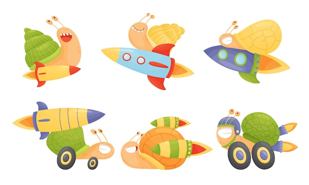 Vector fast snails vector set personajes de moluscos de dibujos animados divertidos con propulsores de cohetes turbo