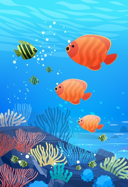 Vector fauna marina marina o oceánica con peces y arrecifes de coral concepto de actividad recreativa submarina ilustración vectorial vertical