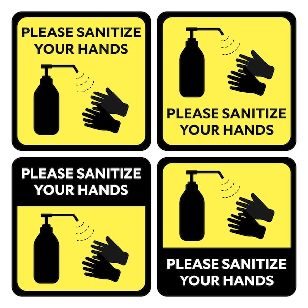 Por favor, desinfecte sus manos, letrero negro amarillo o dispensador de desinfectante para manos, ilustración vectorial