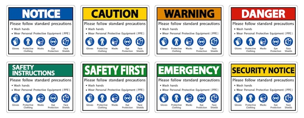 Por favor, siga las precauciones estándar Lavarse las manos Usar equipo de protección personal PPE guantes ropa de protección máscaras protección ocular escudo facial