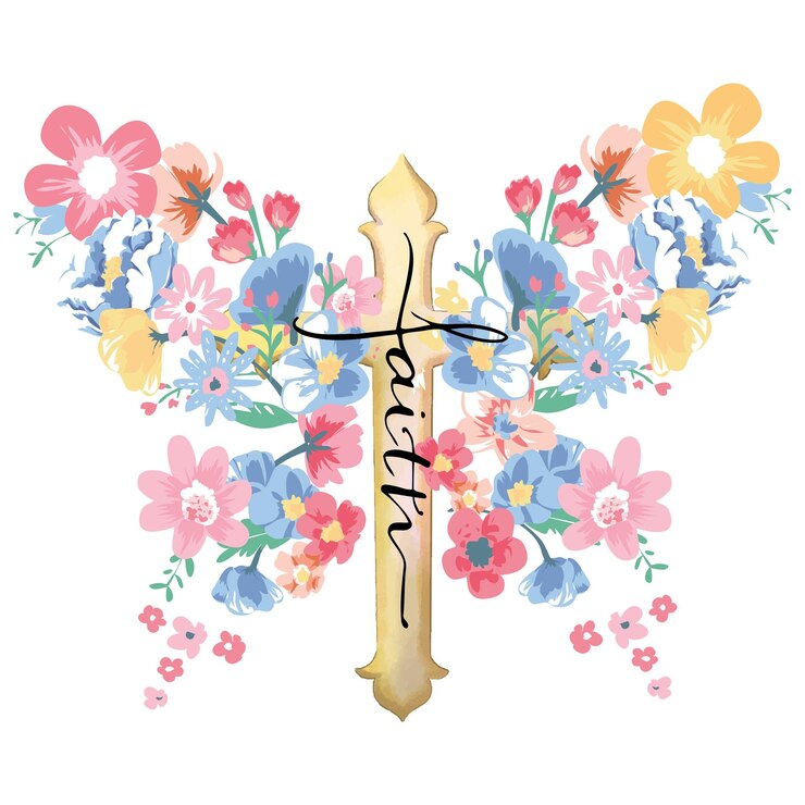fe mariposa floral y ilustración de la cruz
