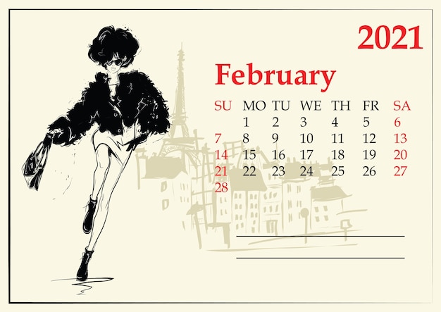 Febrero. calendario con chica de moda en estilo boceto.