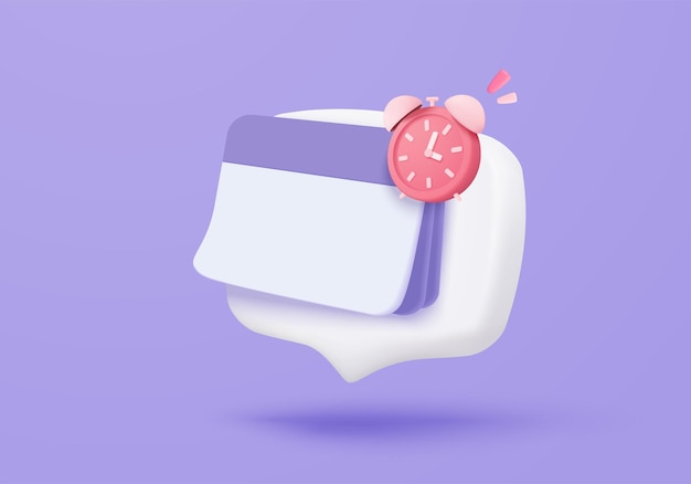 Fecha y hora de calendario 3D para el día de recordatorio con alerta de aviso Reloj de calendario para la cita programada y notificaciones marcadas concepto de alerta icono de recordatorio de fecha 3D ilustración de renderización vectorial