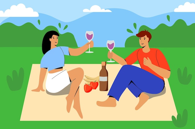 Fecha de picnic pareja joven en concepto de ilustración de vector de parque Chica y chico están sentados en plaid bebiendo vino y hablando lejos de la ciudad pueden pasar tiempo al aire libre