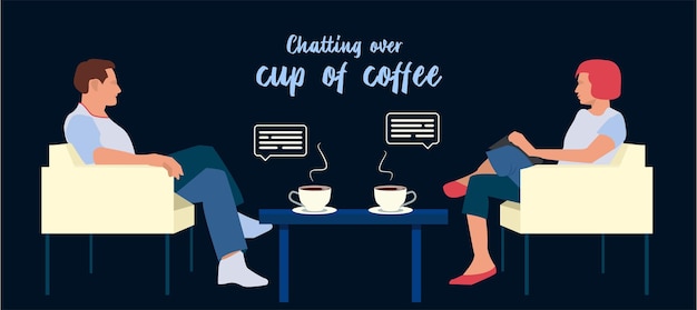 Fecha de la taza de café. Gente charlando sobre los gustos del café. Ilustración vectorial editable