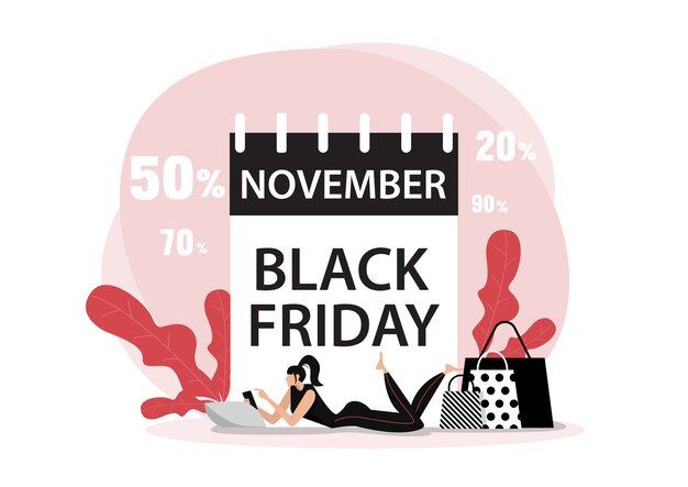 Fecha de viernes negro de noviembre con personas Concepto plano de compras en línea.