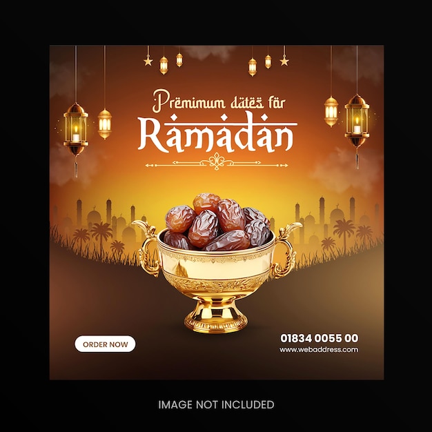 Fechas especiales de Ramadán frutas en una taza árabe de lujo banner de redes sociales y diseño de posts de Instagram