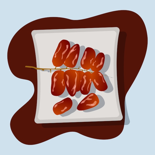 Vector fechas de fruta de palma con tallo en la ilustración de vector de placa rompiendo el concepto de comida rápida ramadán