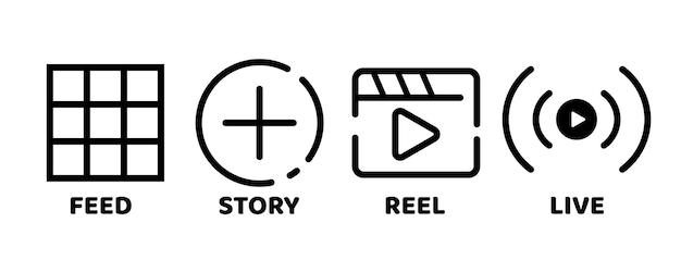Feed Story Reel y el símbolo del icono de las redes sociales en vivo Diseño del icono vectorial