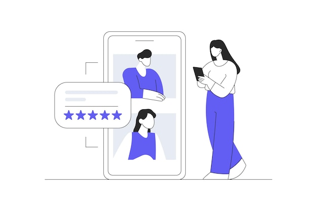 Feedback and survey Woman give positive five star feedback show quality rating filing survey form