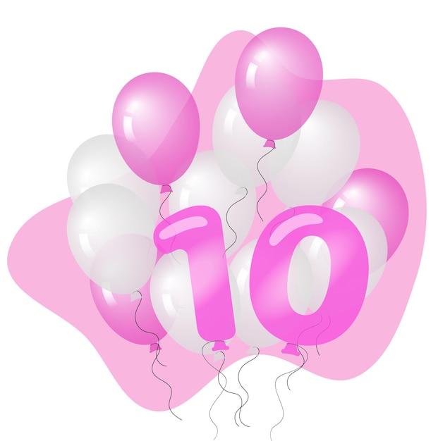 Felices 10 globos rosados y blancos en ilustración vectorial