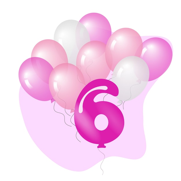 Felices 6 globos rosados y blancos en ilustración vectorial