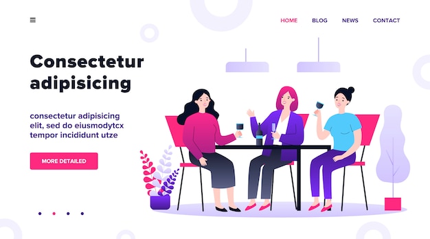 Felices amigas salir en la cafetería. Mujeres alegres sentado en la mesa, hablando, riendo, bebiendo vino. Ilustración para la comunicación, la amistad, el concepto de reunión amigable