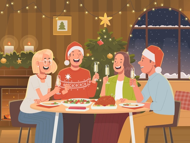 Vector felices amigos celebrando la navidad, el año nuevo y las vacaciones ilustración vectorial en estilo plano