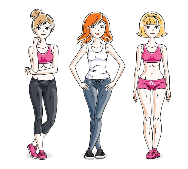 Felices y bonitas mujeres jóvenes de pie con ropa deportiva elegante. Conjunto de ilustraciones de personas de diversidad vectorial. Personajes femeninos temáticos de estilo de vida.