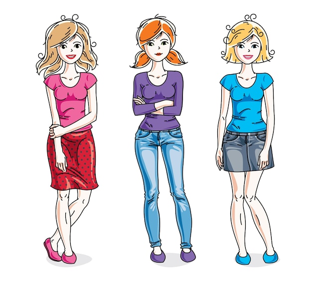 Felices y bonitas mujeres jóvenes de pie con ropa informal. Conjunto vectorial de ilustraciones de personas hermosas.