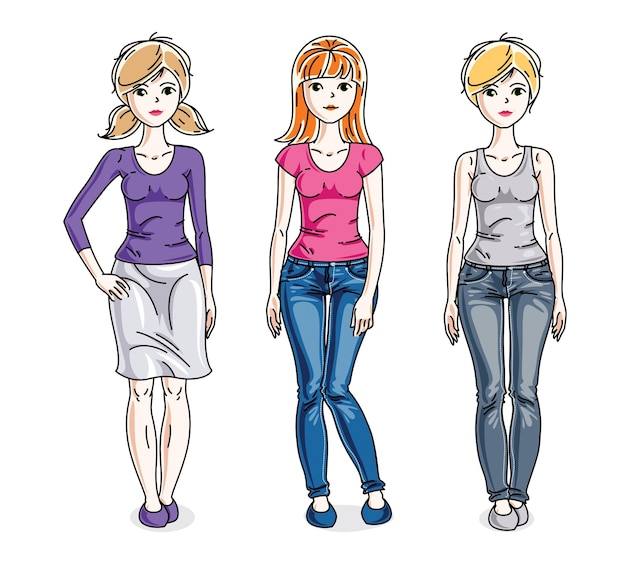 Felices y bonitas mujeres jóvenes de pie con ropa informal de moda. Conjunto vectorial de ilustraciones de personas hermosas.