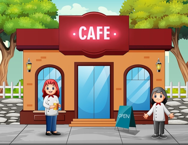 Felices los cocineros de la mujer frente al café