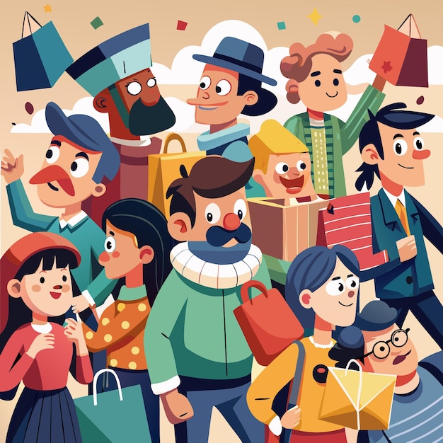 Felices compradores que llevan bolsas multitud alegre temporada festiva