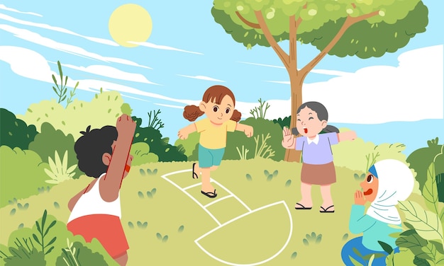 Felices y entusiastas niños y niñas jugando hopscotch en un campo verde y soleado