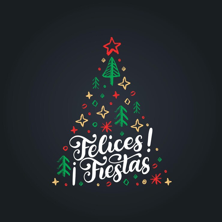Vector felices fiestas, frase manuscrita, traducida del español felices fiestas. vector ilustración de abeto de navidad sobre fondo negro.