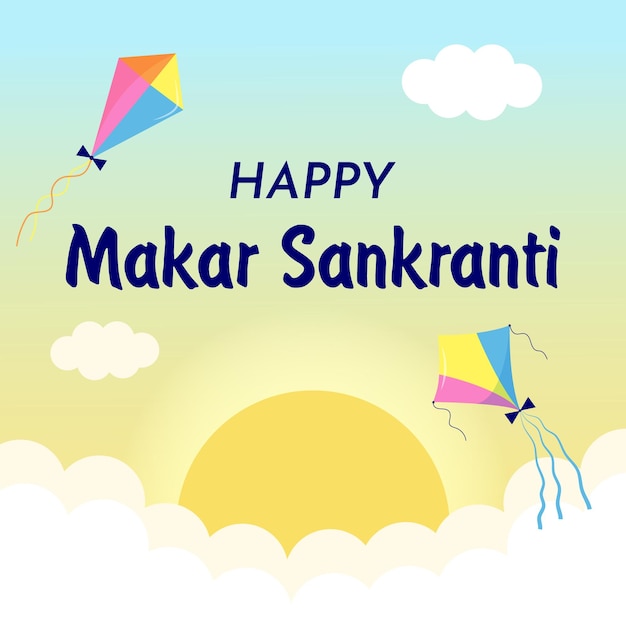 Felices fiestas de makar sankranti festival hindú indio con cometas volando sol y nubes