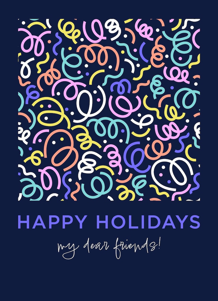 Vector felices fiestas mis queridos amigos saludo tarjeta vertical plantilla festiva de estilo plano con patrón de confeti