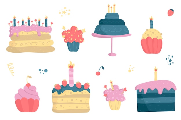 Felices fiestas pasteles horneados con velas vector set iconos de cocina festiva para decorar aniversarios bodas cumpleaños pasteles dulces muffin cupcake con crema