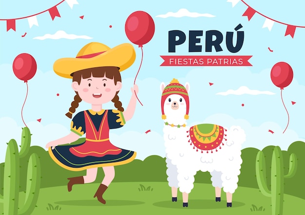 Felices fiestas patrias o día de la independencia del perú ilustración de dibujos animados