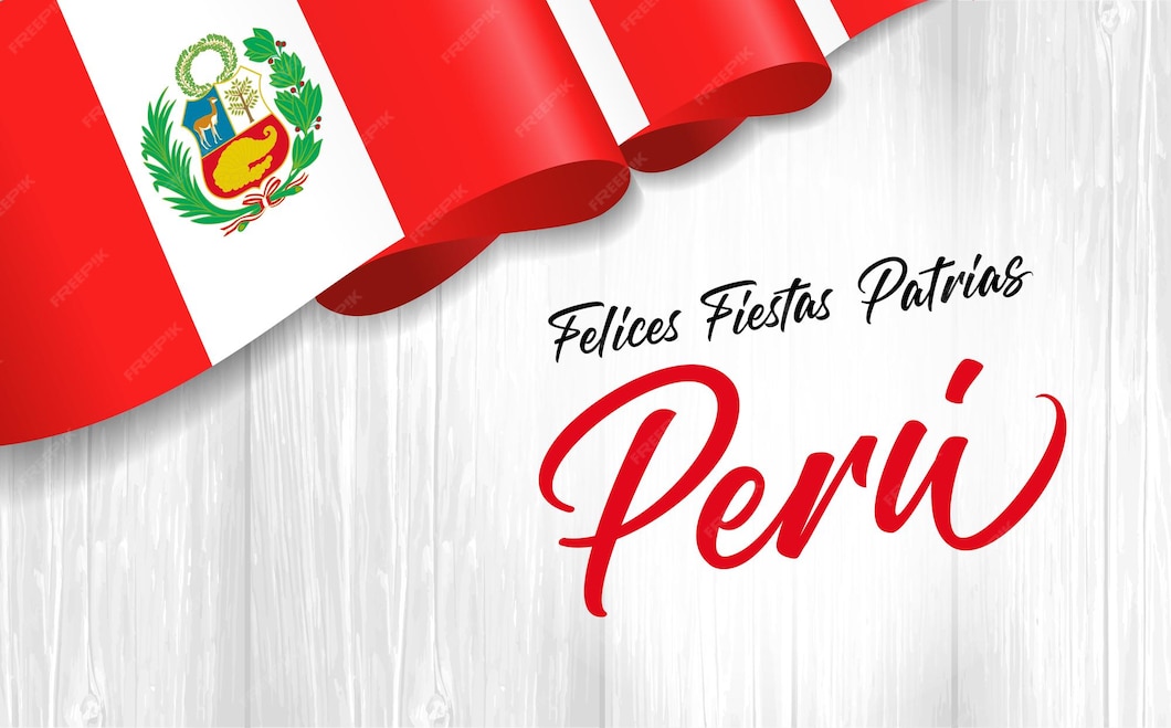 Felices Fiestas Patrias Perú con bandera en tablón de madera Feliz Día