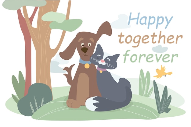 Vector felices juntos para siempre concepto de fondo lindos animales amistosos juntos feliz perro y gato sentado