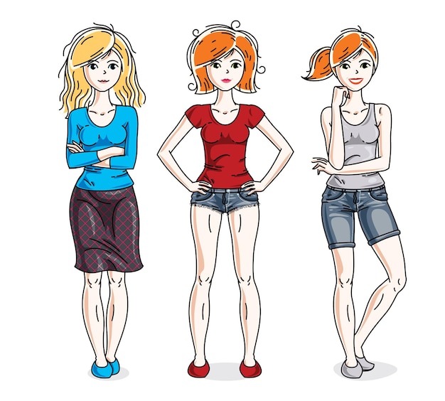 Felices y lindas chicas adultas jóvenes de pie con ropa informal. Conjunto de ilustraciones de personas de diversidad vectorial. Dibujos animados temáticos de moda y estilo de vida.