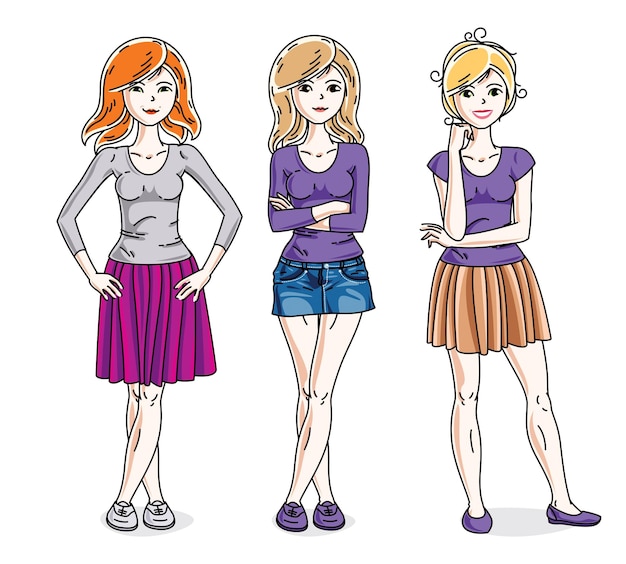 Felices y lindas chicas adultas jóvenes de pie con ropa informal de moda. Conjunto de ilustraciones de personas de diversidad vectorial. Dibujos animados temáticos de moda y estilo de vida.