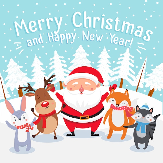 Felices mascotas de Navidad, regalos presentes de Santa y vacaciones de invierno presenta ilustración vectorial