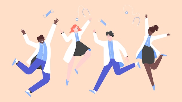Felices médicos multinacionales saltando alegremente. La gente de bata blanca. Ganadores y héroes. ilustración plana