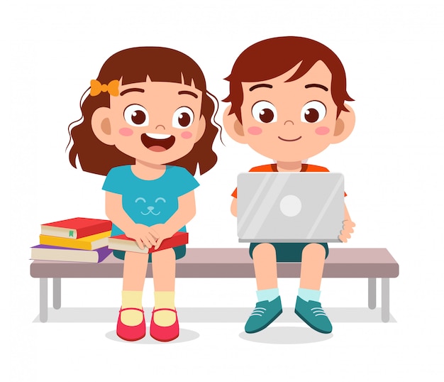 Vector felices los niños lindos niño y niña leen el libro juntos