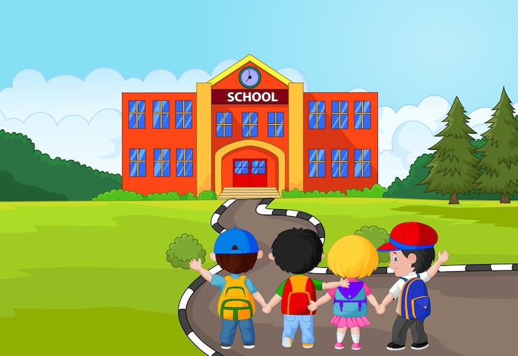Vector felices niños pequeños caminando juntos a la escuela