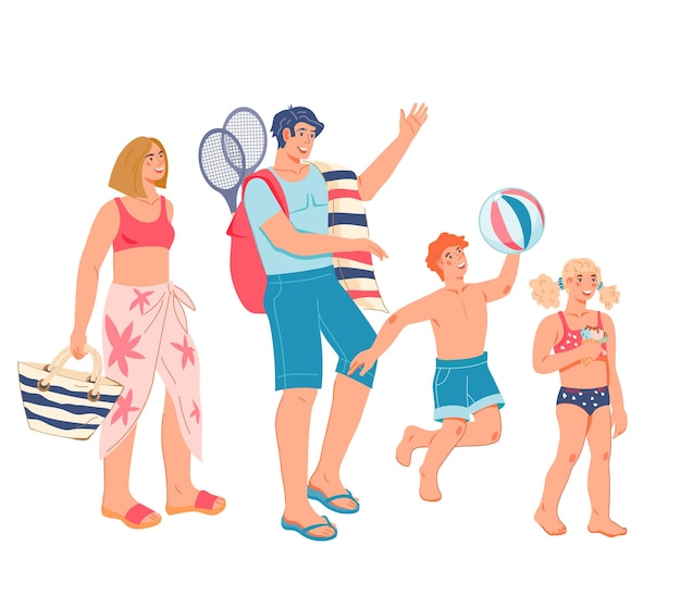 Felices padres de familia e hijos en la ilustración vectorial plana de la playa del mar aislada