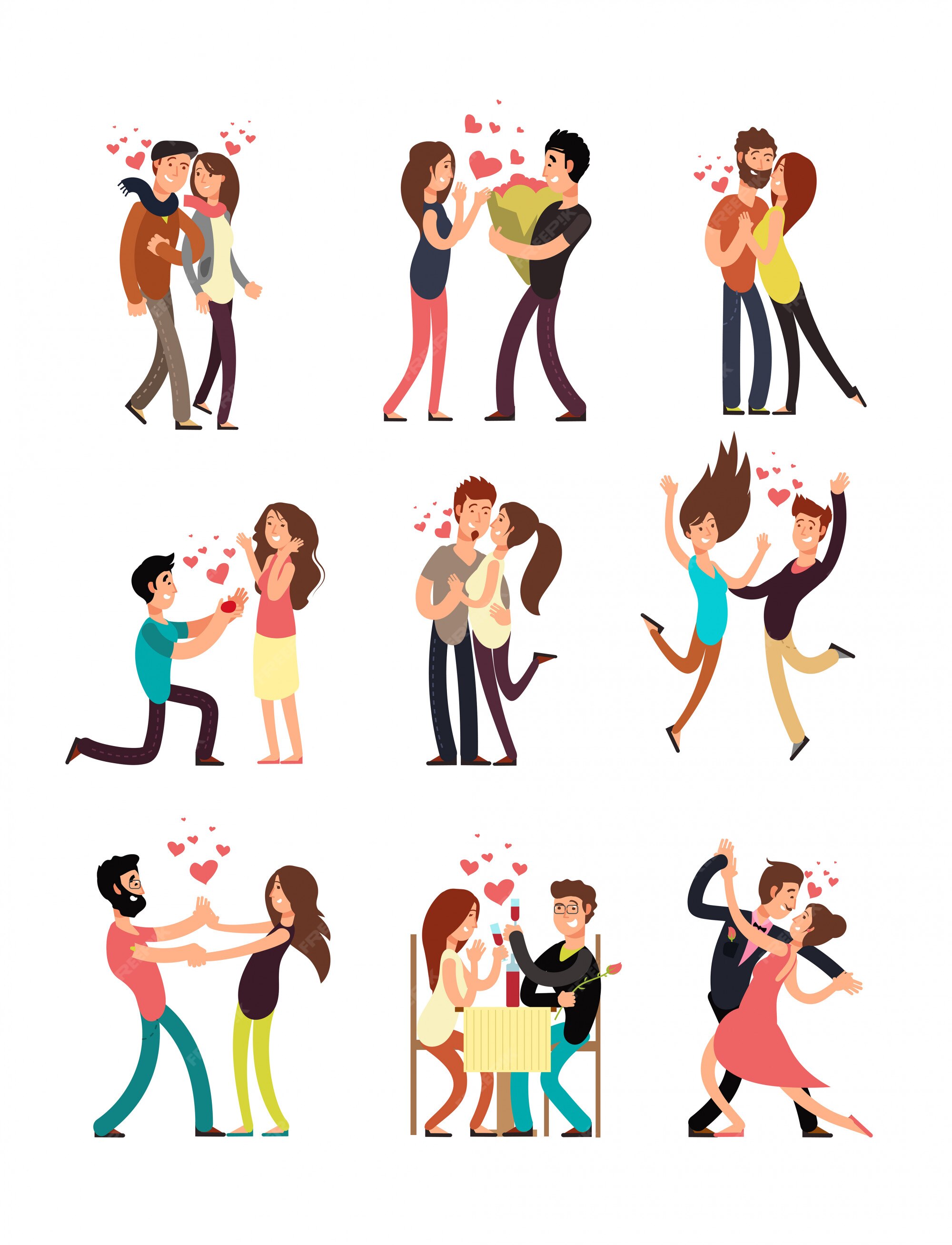 Felices parejas jóvenes enamorados, vector personajes de dibujos animados  de san valentín | Vector Premium