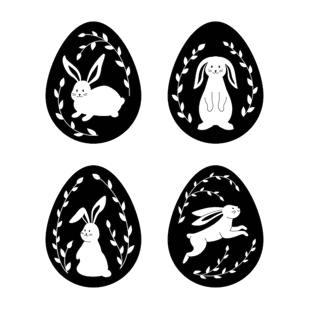 Felices Pascuas con conejito y huevos en color blanco y negro Conjunto de conejo con decoración en huevos