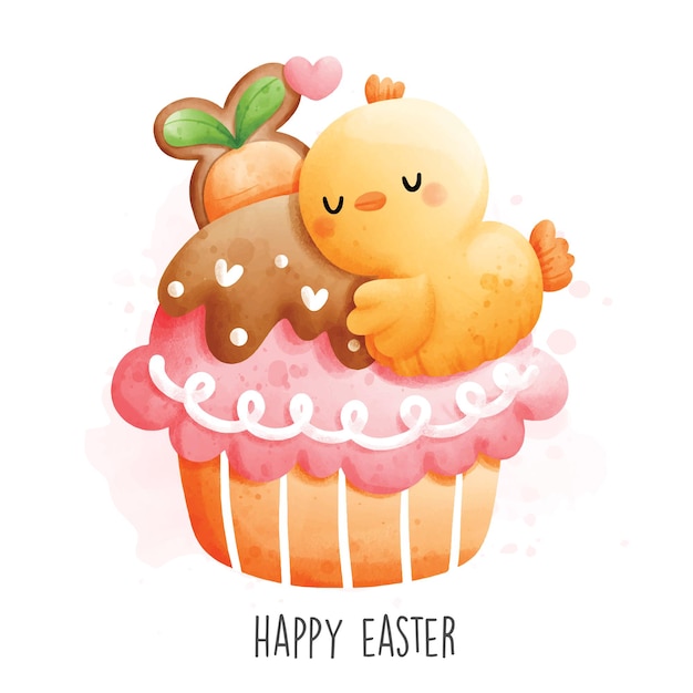 Felices Pascuas con cupcake dulce y pollo