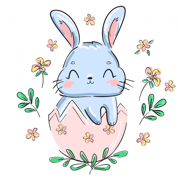 Felices Pascuas. Dibujado a mano lindo conejo y huevo. Conejito y flores. ilustración. Diseño de impresión.