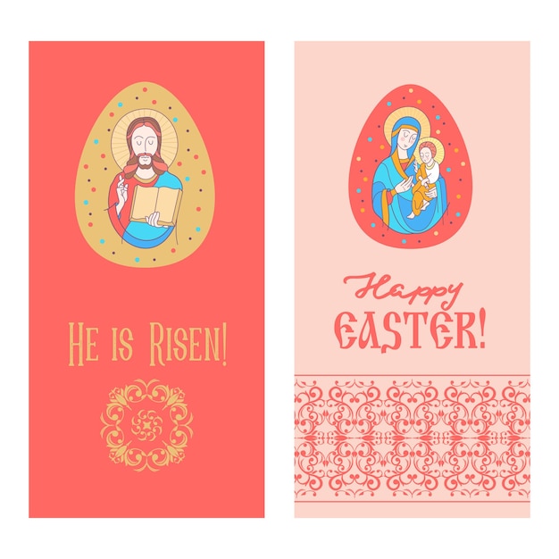 Felices Pascuas Ha resucitado Tarjetas de Pascua con la imagen de Jesús y la Virgen María con el niño Jesús en las manos Ilustración vectorial