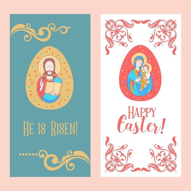 Felices pascuas ha resucitado tarjetas de pascua con la imagen de jesús y la virgen maría con el niño jesús en las manos ilustración vectorial