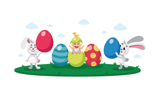 Felices pascuas, ilustración de vector de niño plano de caza de huevos con huevos pintados, bebé recién nacido, conejo de pascua